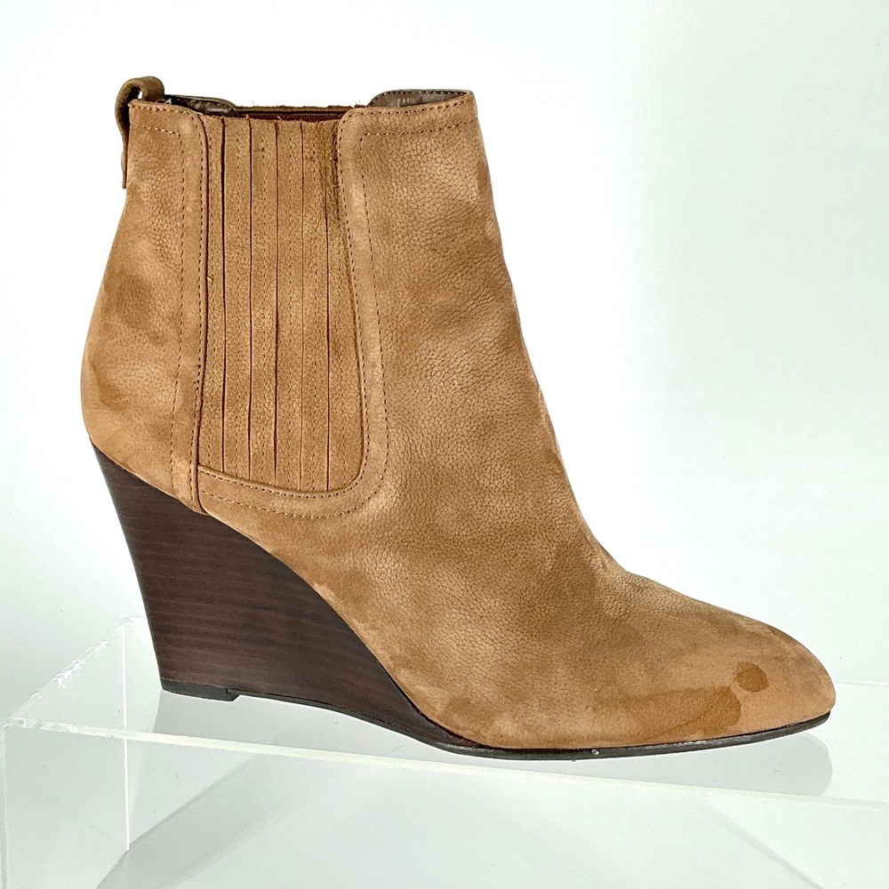 Sam Edelman Size 9.5 Tan Suede Wedge Ankle Boots Almond Toe Elastic Gore Gillian